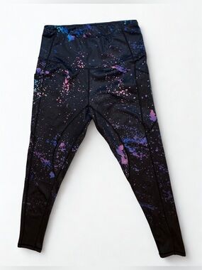 Womens High Waisted Yoga leggings with Pockets galaxy paint splatter print sz M